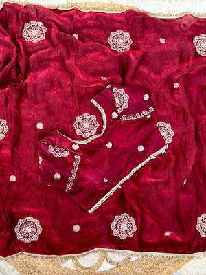 Maroon Color embroidery beats work Silk Blend Saree 3