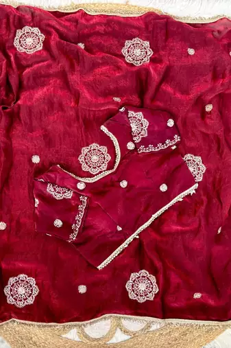Maroon Color embroidery beats work Silk Blend Saree