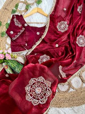 Maroon Color embroidery beats work Silk Blend Saree 4