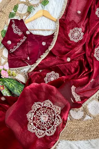 Maroon Color embroidery beats work Silk Blend Saree