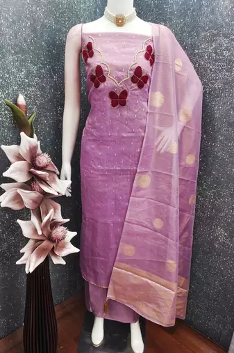 Elegant butterfly embroidered kasa silk dress material set with silk dupatta