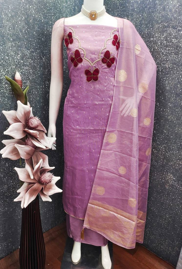 Elegant butterfly embroidered kasa silk dress material set with silk dupatta
