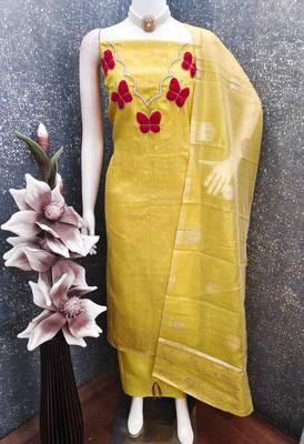 Elegant butterfly embroidered kasa silk dress material set with silk dupatta 6