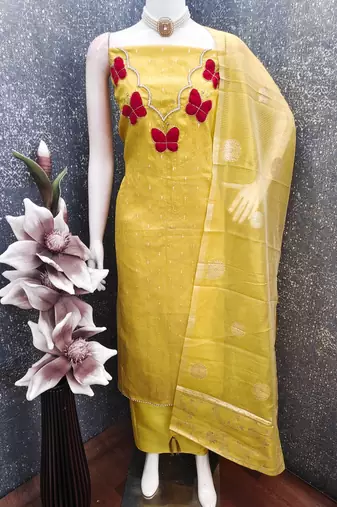 Elegant butterfly embroidered kasa silk dress material set with silk dupatta