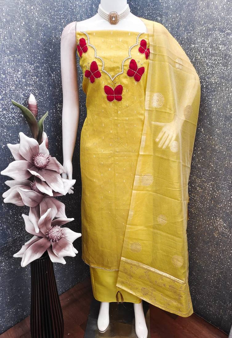 Elegant butterfly embroidered kasa silk dress material set with silk dupatta