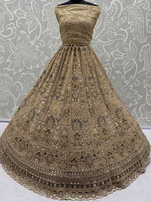 Shiny Beige Embroidered Net Reception Wear Lehenga Choli With Dupatta 6