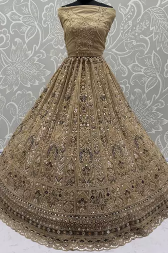 Shiny Beige Embroidered Net Reception Wear Lehenga Choli With Dupatta