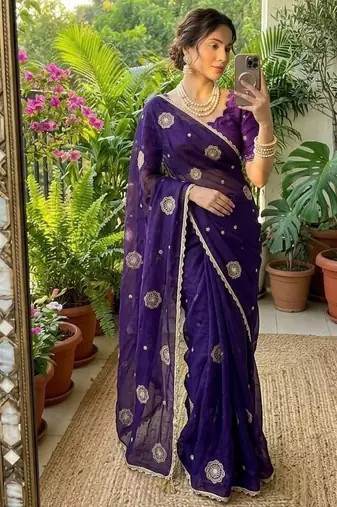 Purple Color embroidery beats work Silk Blend Saree