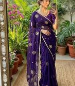 Purple Color embroidery beats work Silk Blend Saree