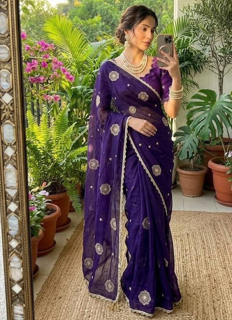 Purple Color embroidery beats work Silk Blend Saree