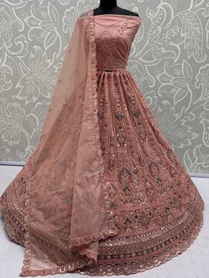 Glowing Peach Embroidered Net Wedding Wear Lehenga Choli with Dupatta 6