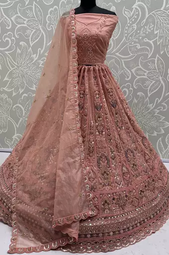 Glowing Peach Embroidered Net Wedding Wear Lehenga Choli with Dupatta