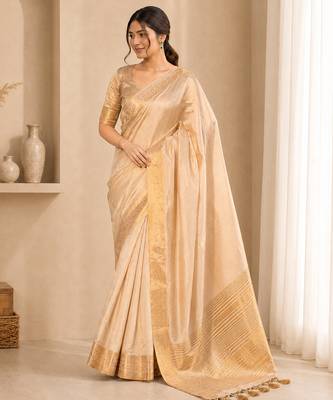 Cream color elegant tussar silk zari weaving saree with unstitched blouse 1