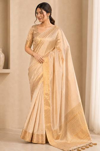 Cream color elegant tussar silk zari weaving saree with unstitched blouse