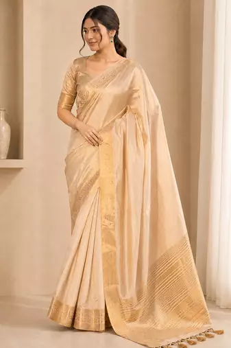Cream color elegant tussar silk zari weaving saree with unstitched blouse