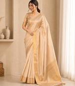 Cream color elegant tussar silk zari weaving saree with unstitched blouse