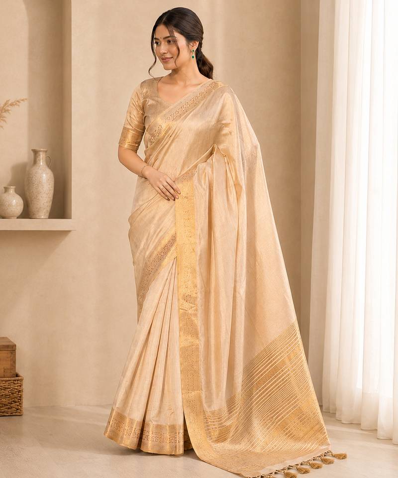 Cream color elegant tussar silk zari weaving saree with unstitched blouse