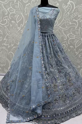 Incredible Blue Embroidered Net Party Wear Lehenga Choli with Dupatta
