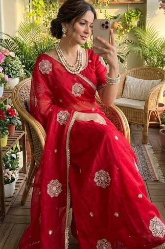 Red Color embroidery beats work Silk Blend Saree