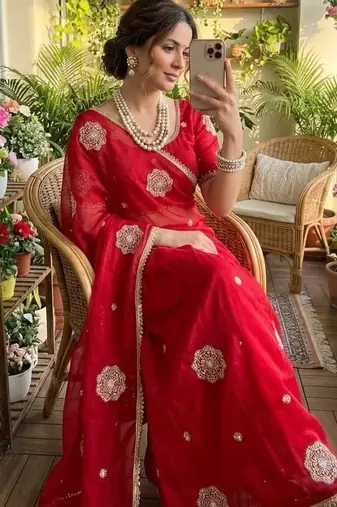 Red Color embroidery beats work Silk Blend Saree