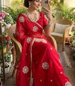 Red Color embroidery beats work Silk Blend Saree