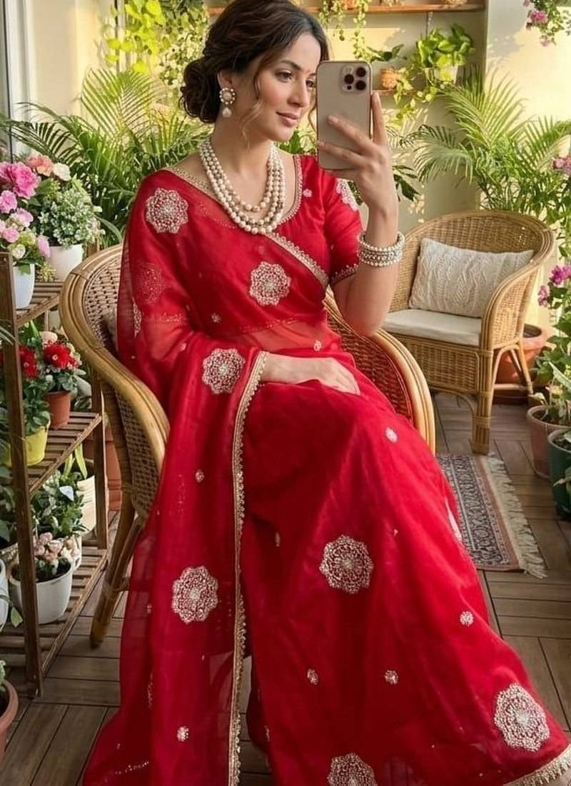 Red Color embroidery beats work Silk Blend Saree