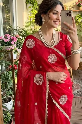 Red Color embroidery beats work Silk Blend Saree