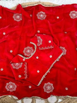 Red Color embroidery beats work Silk Blend Saree 3