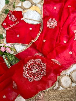 Red Color embroidery beats work Silk Blend Saree 4