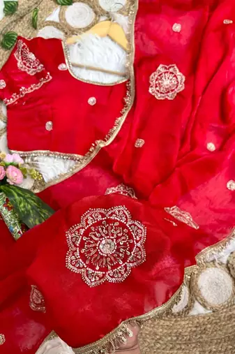 Red Color embroidery beats work Silk Blend Saree