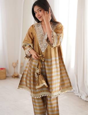 Incredible Golden Mirror Work Tissue Party Wear Co-ord Set With Batwa 6