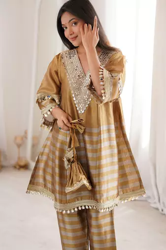 Incredible Golden Mirror Work Tissue Party Wear Co-ord Set With Batwa