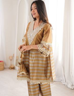 Incredible Golden Mirror Work Tissue Party Wear Co-ord Set With Batwa 7
