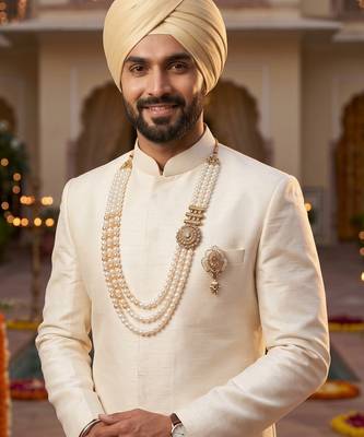   groom sherwani necklace moti mala layered for wedding | groom mala with brooch set 6
