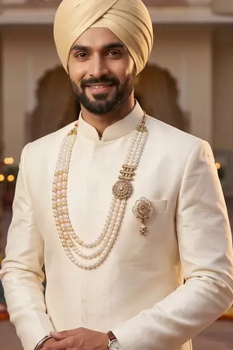   groom sherwani necklace moti mala layered for wedding | groom mala with brooch set