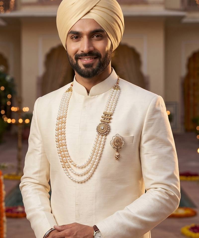   groom sherwani necklace moti mala layered for wedding | groom mala with brooch set