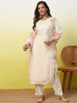 Beige women kurta pant dupatta set 1