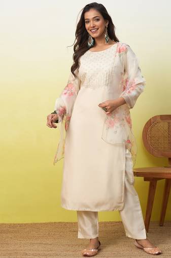 Beige women kurta pant dupatta set