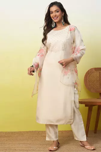 Beige women kurta pant dupatta set