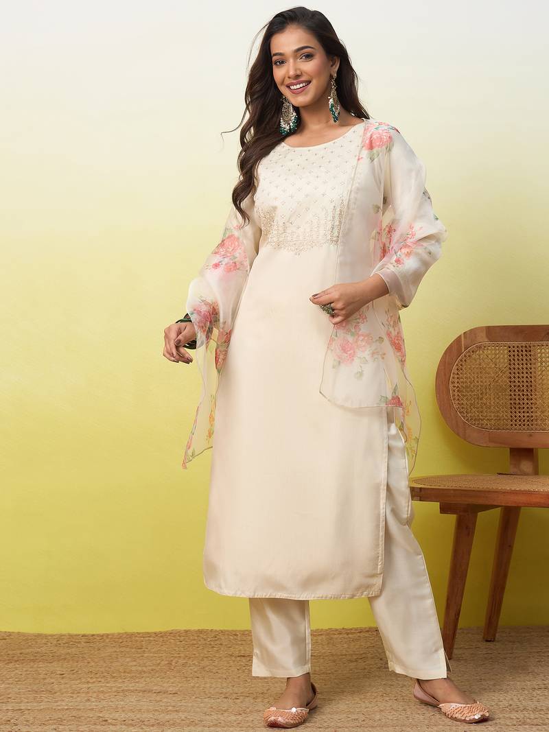 Beige women kurta pant dupatta set