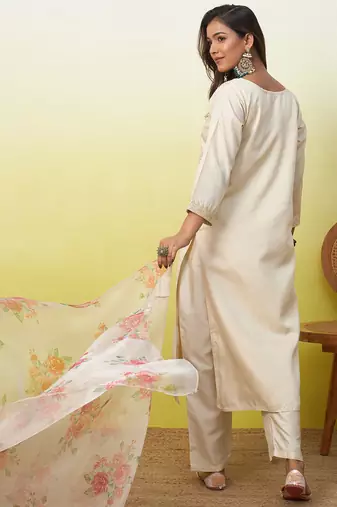 Beige women kurta pant dupatta set