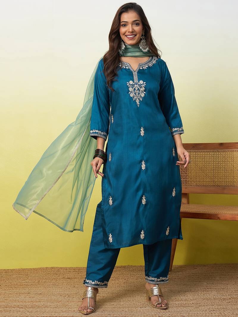 Blue women kurta pant dupatta set