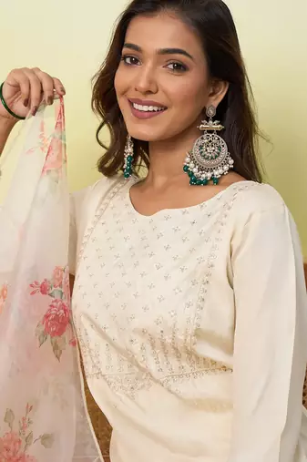 Beige women kurta pant dupatta set