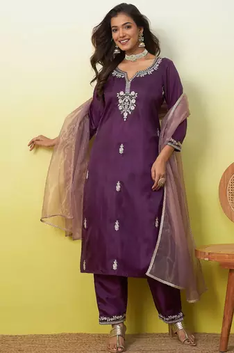Purple women kurta pant dupatta set
