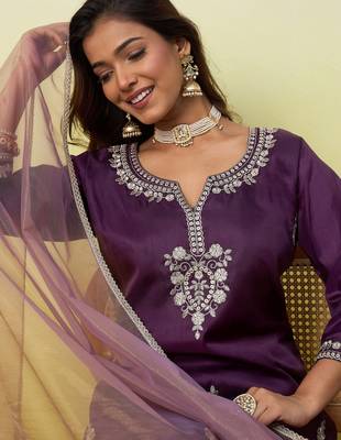 Purple women kurta pant dupatta set 3