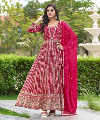 Pink chinon stitched gown with dupatta full sleeve embroidered anarkali gown 1
