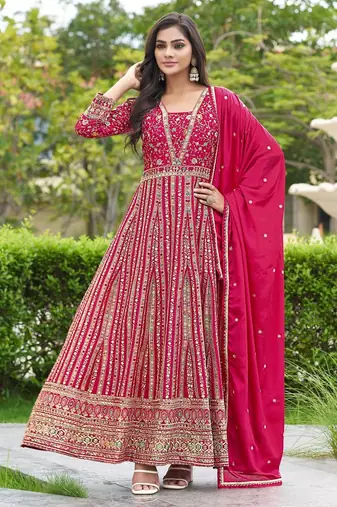 Pink chinon stitched gown with dupatta full sleeve embroidered anarkali gown