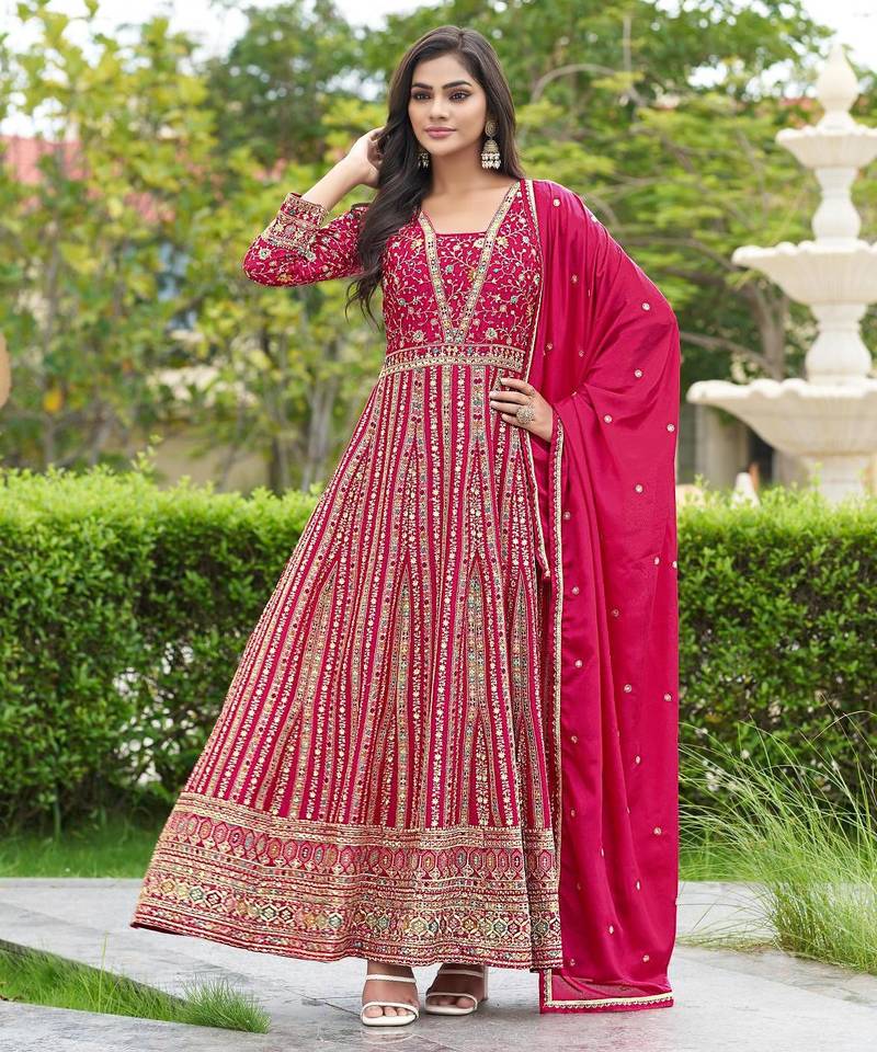 Pink chinon stitched gown with dupatta full sleeve embroidered anarkali gown