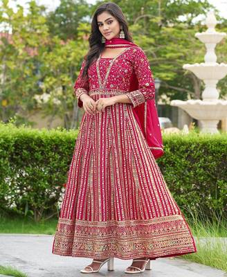 Pink chinon stitched gown with dupatta full sleeve embroidered anarkali gown 2