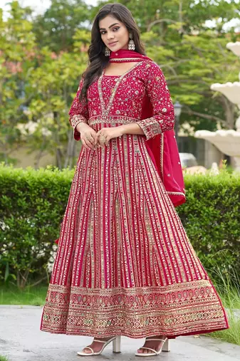 Pink chinon stitched gown with dupatta full sleeve embroidered anarkali gown